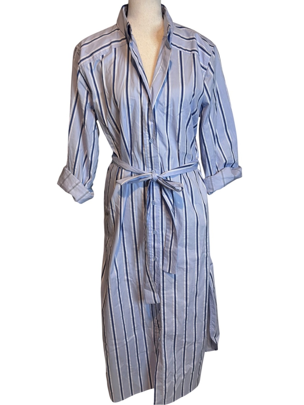Grey Lab blue striped button front‎ belted midi shirt dress small